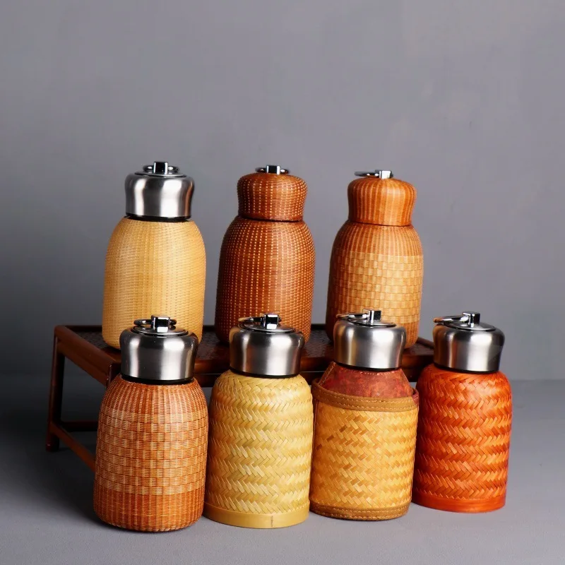 Bamboo Weave Cup Cover, Portable Stainless Steel Water Mug, Small Thermos Hot Water Bottle Travel Drinking Cup