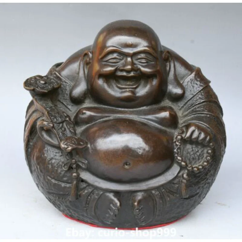 Chinese Pure Bronze Buddhism Sit Happy Laugh Maitreya Buddha Hold Ruyi Statue