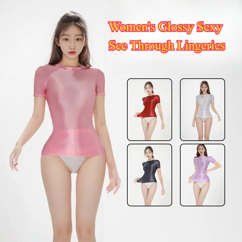 Women's Sexy See Through Glossy Lingeries Solid Color Gym Fitness Bodysuits Slim Fit Sheeer Cloth Push Up Elastic Casual Tops