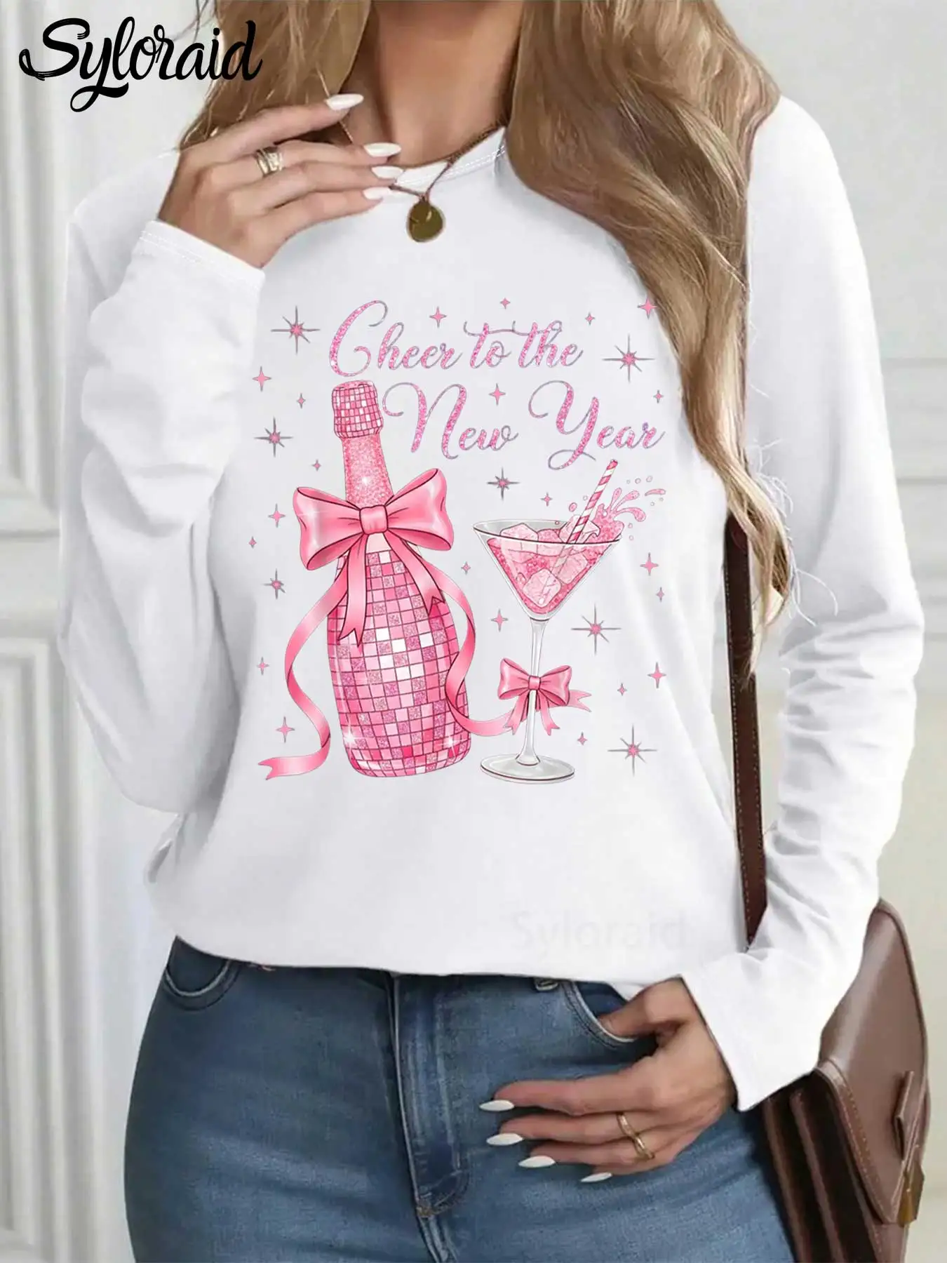 

Women's Long Sleeve T Shirt Pink "Cheers to a New Year" Print T Shirt Fashion Round Neck Casual Top
