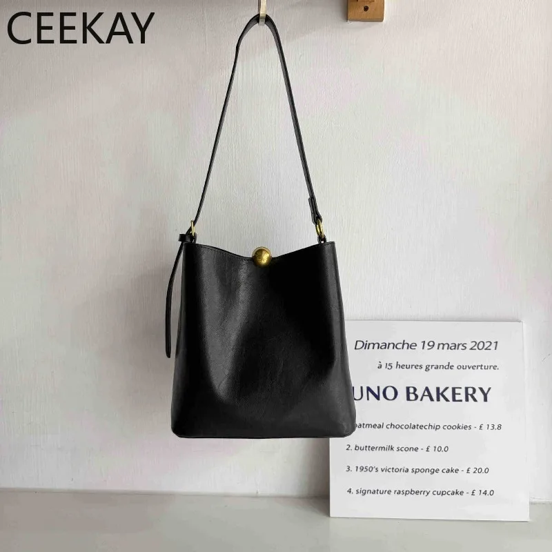 

CEEKAY 2026 New Black Leather Bucket Bag Minimalist Shoulder Bag Gold Ball Snap Elegant Handbag for Women Tote Bags for Women