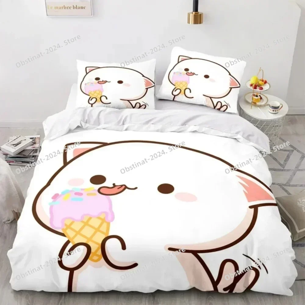 Lovely Peach Cat Bedding Set Cartoon Comforter Sets Double Queen King Twin Full Size Duvet Cover Set Kids Girls White Bed Linen 4