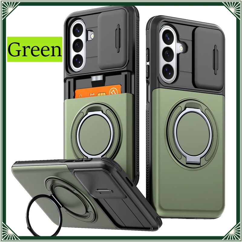 For Samsung S24 S25 FE, A16 A26 A17 4G / 5G, A37 A27 A57 5G Magnetic Case ELVEV PC + TPU Ring Hidden Card Slot Cover