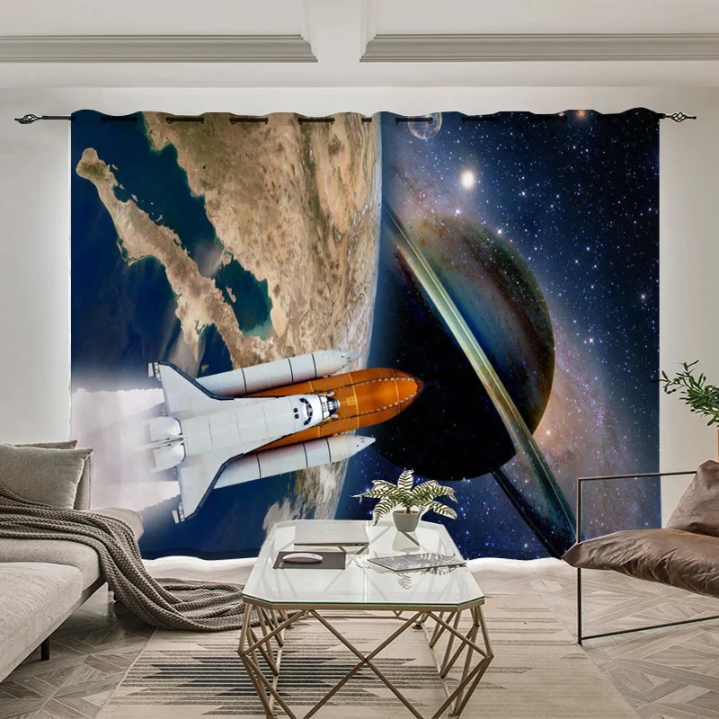 Outer Space Astronaut Pattern High Blackout Curtains Whale Planet Sci-fi Indoor Shading Drapes Children's Bedroom Curtain 2Pcs