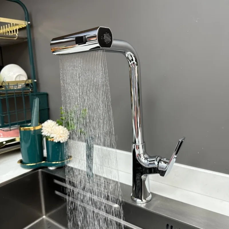 Modern and Simple Kitchen Faucet with Hot and Cold Rotatable Pull-out Sink Faucet with Rain Shower for Kitchen Washing Vegetable