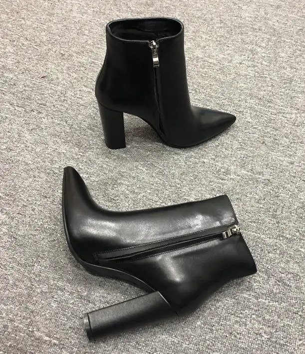 Fall Winter Custom Black Cowleather Ankle Boots Pointed Toe Bare Boots with Thick Heels Full Leather High Heel Woman Boots