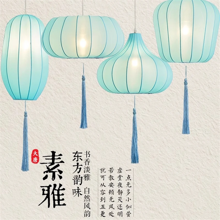 New Chinese Blue Lantern Pendant Lamps Restaurant Hotel Feature Decoration Living Room Aisle Corridor Simple Art Pendant Lights