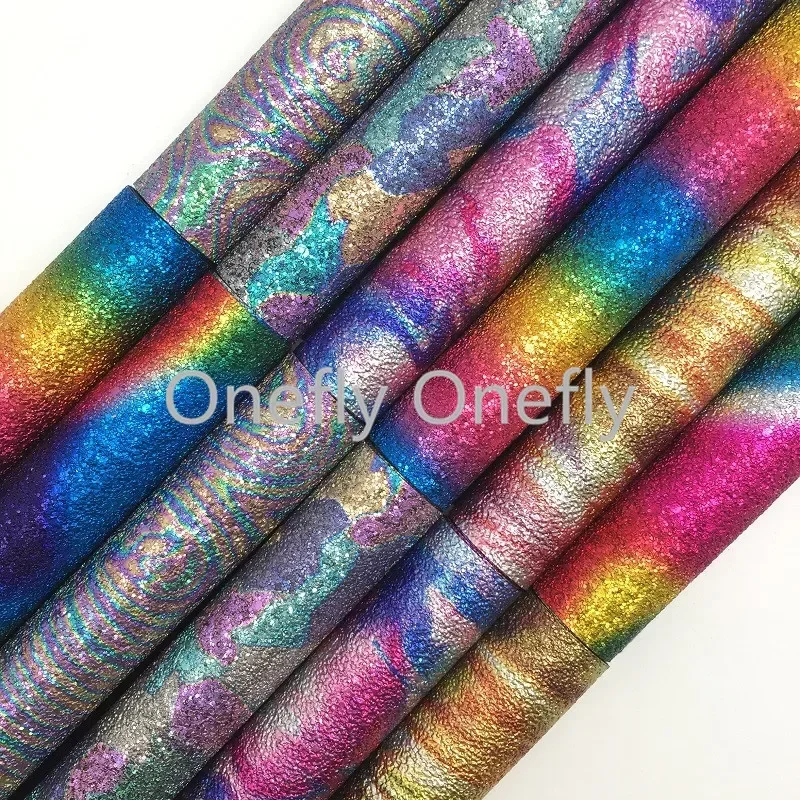 Onefly Wholesales Dropshipping Leather Supplier Rainbow Synthetic Faux Vinyl Leather Fabric Sheets  For Bow DIY  GM5013A