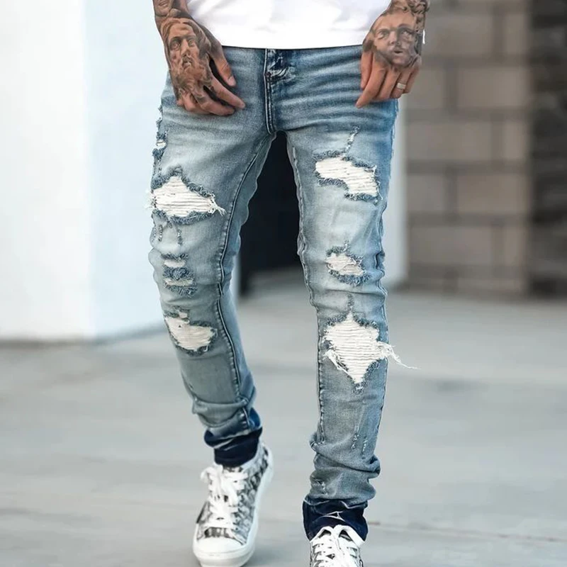 

Fashion Street Style Ripped Skinny Jeans Men Vintage Wash Solid Denim Trouser Mens Casual Slim Fit Pencil Denim Pants Hot Sale