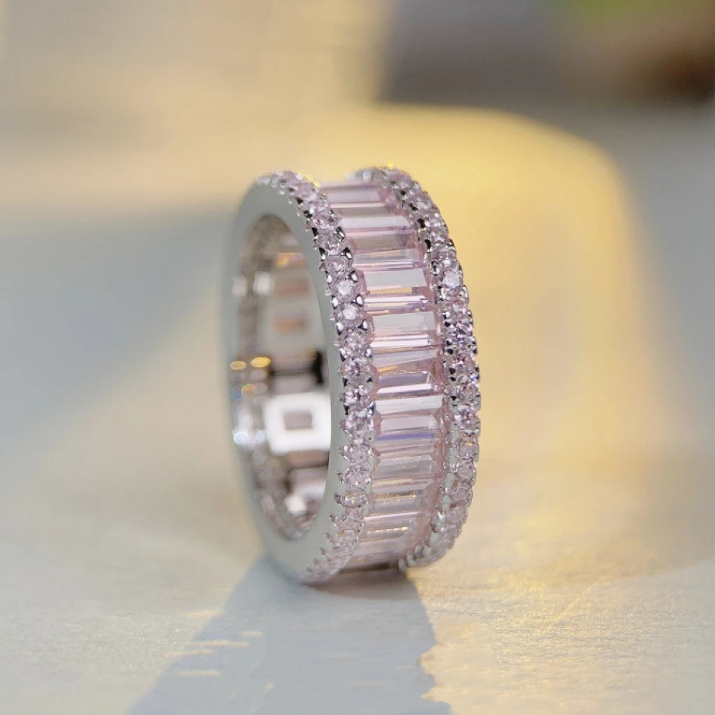 S925 pure silver ring wholesale for women, full of diamonds, pink diamonds, luxurious and high-end feeling, row ring