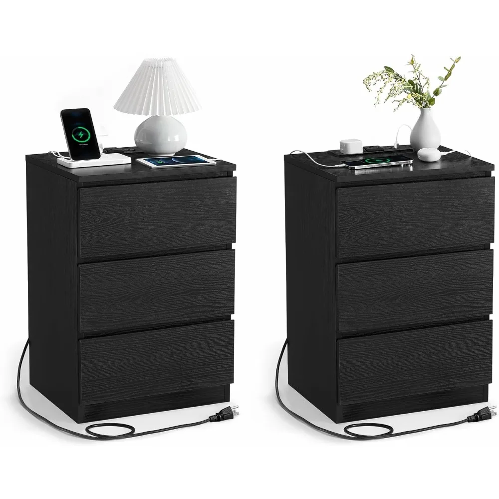 

Nightstand with Charging Station, Outlet and USB Port Bedside Table, Side Table with 3 Drawera for Bedroom Furniture, Nightstand