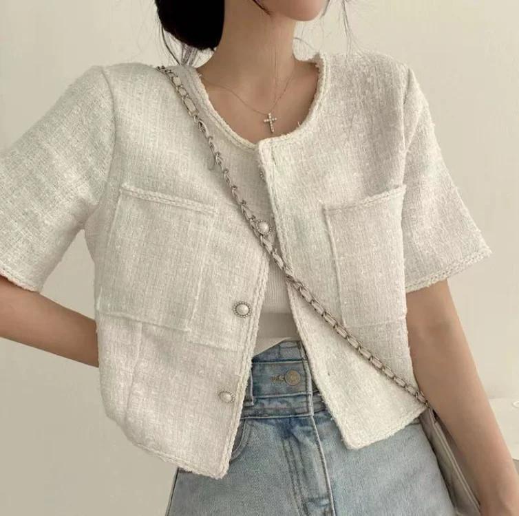 Korean Chic O-neck Double Pockets Coat Women Summer Pearl Button  Breasted Jackets Loose Short Sleeve Tweed Jacket