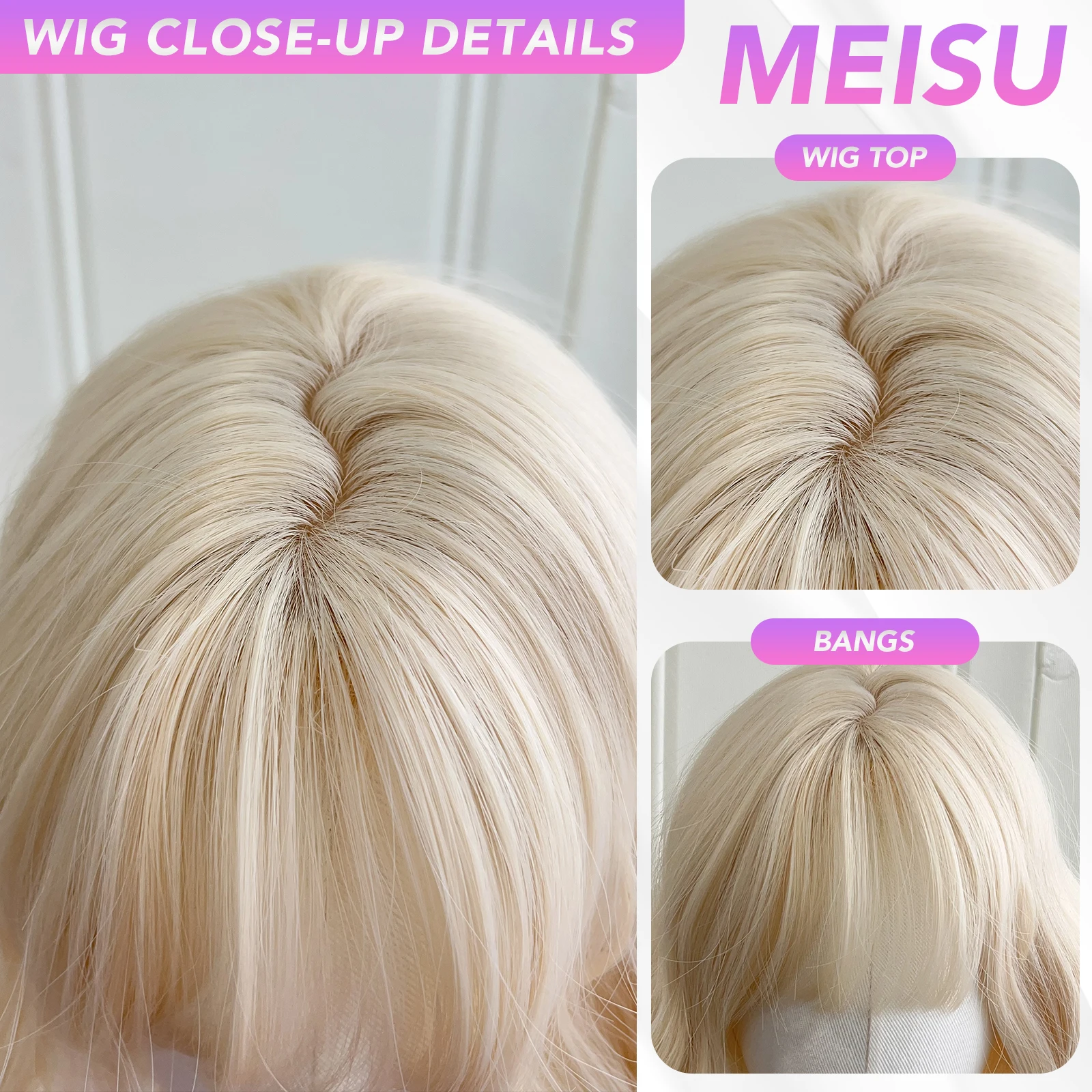 MEISU 12 بوصة الذهب الأبيض مجعد موجة شعر مستعار اصطناعي مقاومة للحرارة الطبيعية السلس الشعر أنيق الانفجارات الطرف الباروكات للنساء