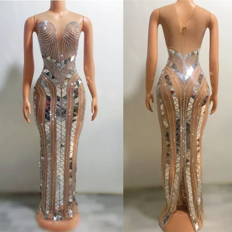 Glänzende Strass Kleid Ärmellose Spiegel Abend Party Kleider Frauen Geburtstag Feiern Outfit Drag Queen Kostüme XS5712