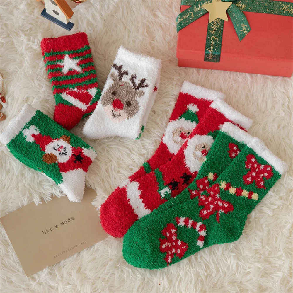 

Christmas Woman Socks Funny Xmas Santa Claus Tree Snowflake Elk Coral Velvet Stockings Girls New Year Keep Warm Home Floor Sock