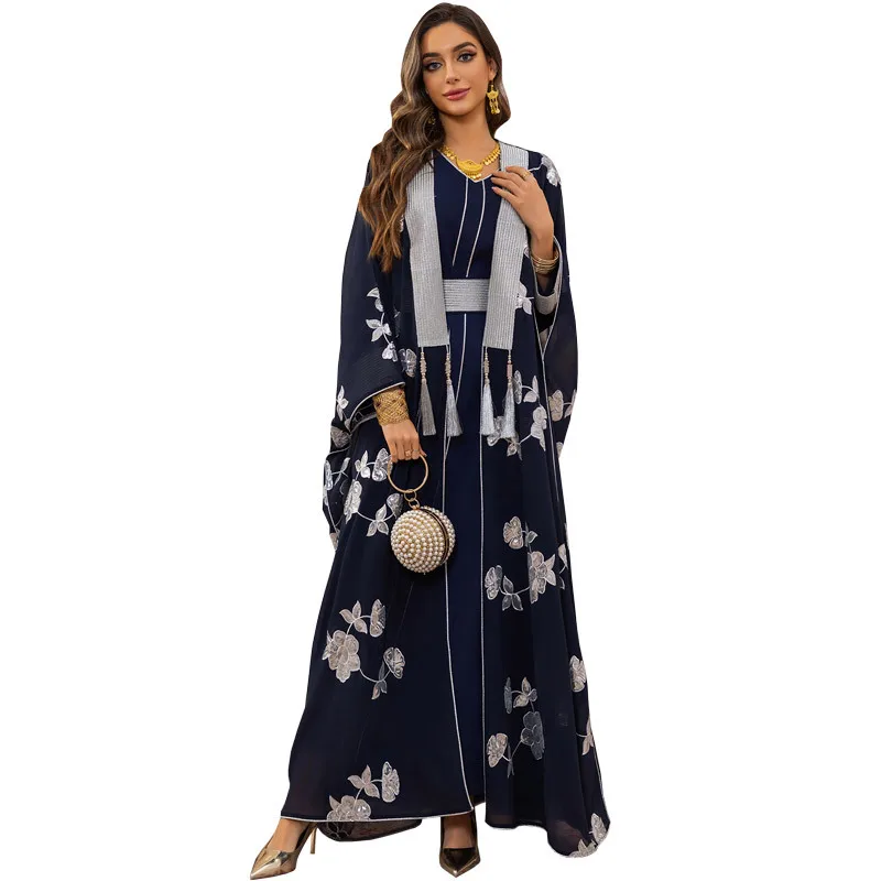 

Handembroidered Dress Silk-Blend Longer Sleeve Dress Middle Eastern Jalabiya Dress Traditional Modest Embroidered Gown