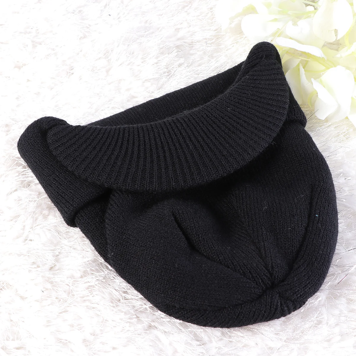 

Stylish Peaked Knitted Hat Black Layered Cuffed Beanie for Cold Weather Wind Sun Protection Winter Fall Daily Wear