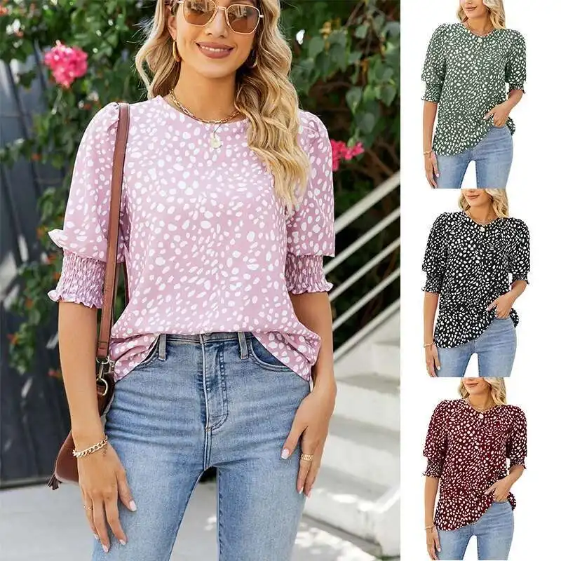 Damska koszula szyfonowa z krótkim rękawem i okrągłym dekoltem 2025 Summer New Loose Print dla kobiet