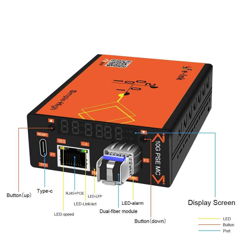 1 x 1000M/2.5G/5G/10G SFP+ to 1 x 10/100M/1000M/2.5G/5G/10G AI Smart Managed PoE+ Fiber Media Converter, IEEE802.3at 30W 44~58V