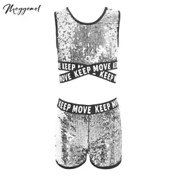 Kids Girls Jazz Dance Outfits Sparkling Sequins Hip Hop Dancewear Sleeveless Crop Top with Shorts Sport Suit Performance Costume