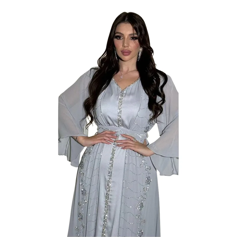 2 Stuks Luxe Diamanten Chiffon Abaya Voor Vrouwen Moslim Bijpassende Set Islamitische Kleding Marocain Kaftan Dubai Turkije Kimono Jalabiya