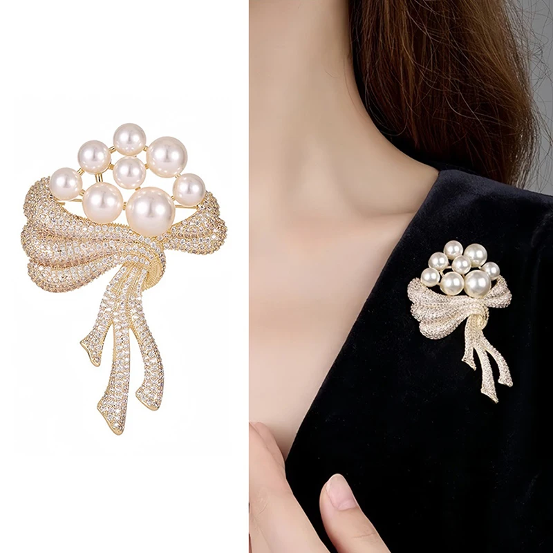 Exquisite Pearl Bouquet Brooches For Women Girls Elegant Versatile Flower Pins Versatile Shiny Corsage Clothing Accessories Gift