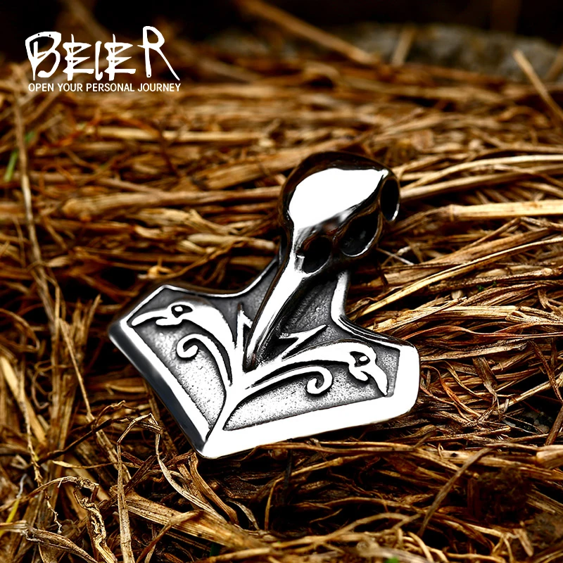 BEIER Norse Raven Viking pendant Necklace Crow Runes Thor Hammer Mjolnir Talisman Vintage Eagle Men Chain men BP8-410