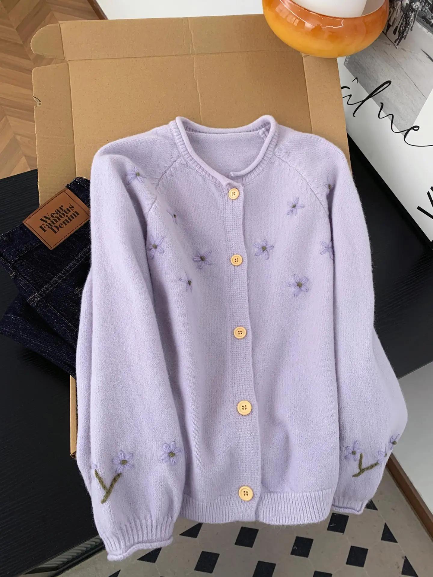 سترة نسائية محبوكة فضفاضة من Sweet Sle سترة مطرزة بالزهور الأرجوانية اللطيفة للخريف والشتاء