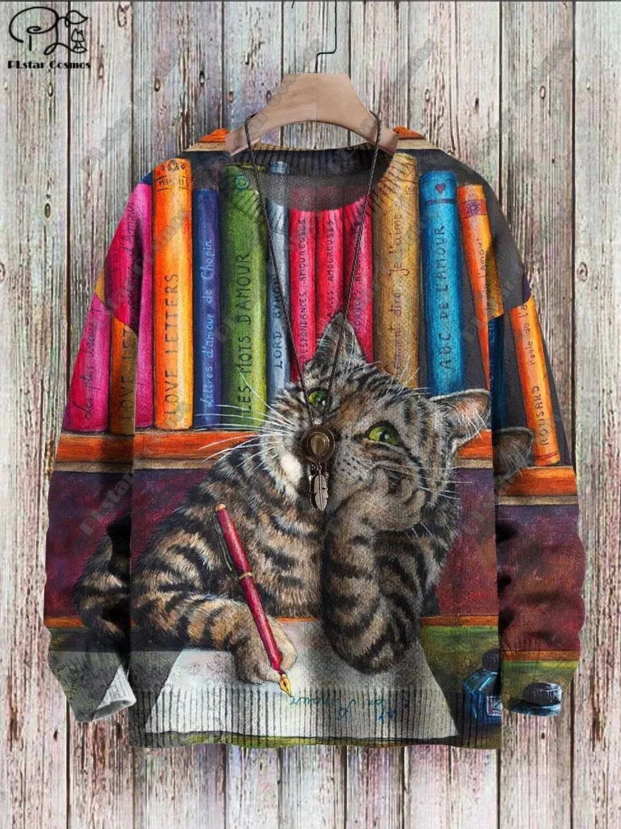 PLstar Cosmos New 3D printed animal series cat pattern ugly sweater street casual winter sweater M-3