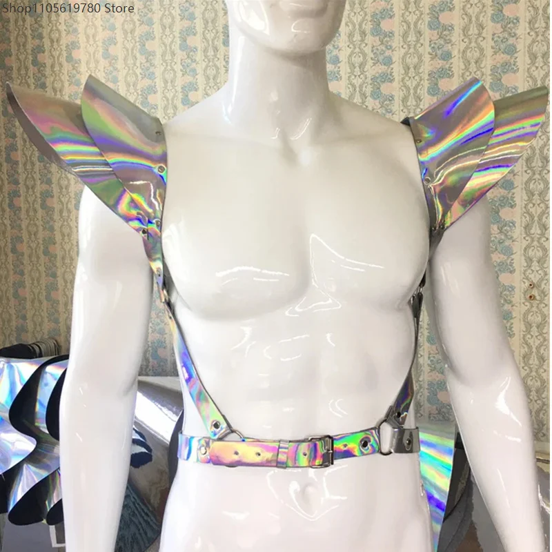 Reflective Iridescent Wing Shoulder Decor Harness Faux‑Leather Adjustable Buckle Body Strap Top Adult Cosplay Dress‑up Prop