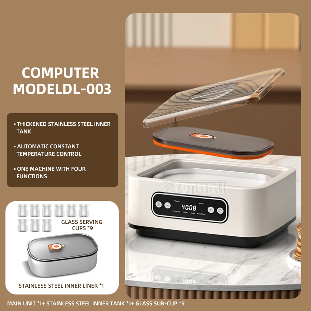 1.6l آلة الزبادي متعددة الوظائف الفولاذ المقاوم للصدأ آلة تخمير النبيذ الأرز 9 أكواب ذكي درجة حرارة ثابتة