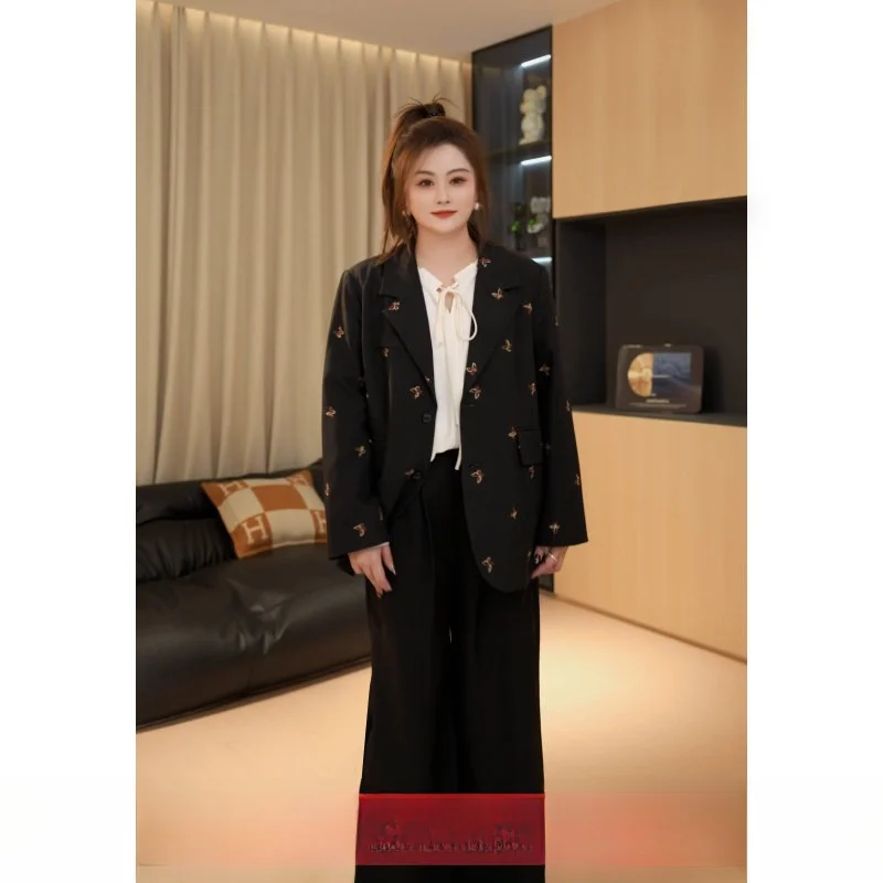

FatJiaJia Parisian Embroidered Suit Jaet High-End Versatile Women's Faionable Commute Sle Long Sve Midi Coat