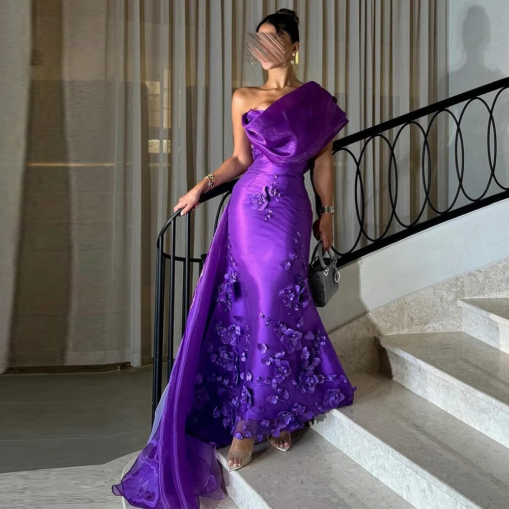 

Luxury Saudi Dresses for Special Events Satin Sheath/Column Evening Dress Net Purple One-shoulder Applique Pearl Draped Maxi