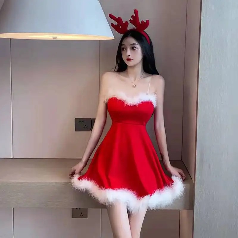 Women Christmas Lady Santa Claus Cosplay Costume Winter Off Shoulder Dress Tube Dresses Sexy Lingeries Backless Uniform