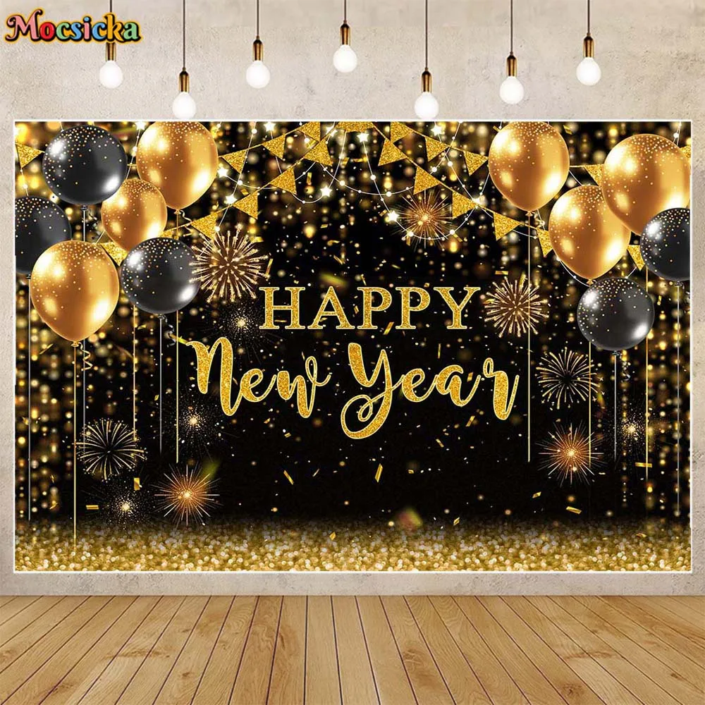 

Mocsicka 2024 Happy New Year Photography Backdrops Black and Gold Balloons Glitter Family Portrait Photo Background Studio Props