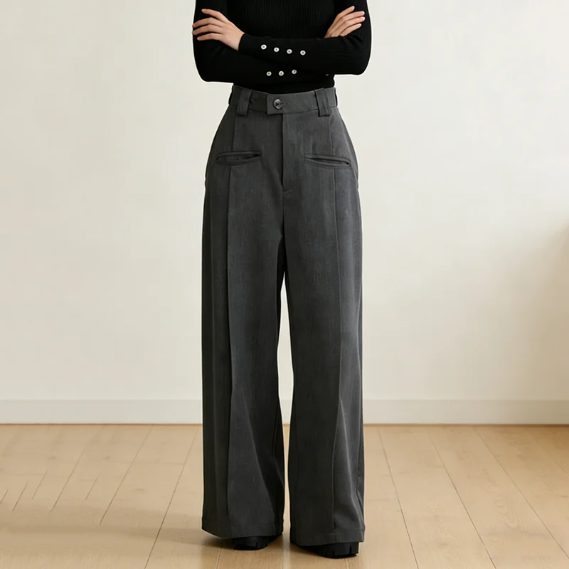 

PBAP Vintage Pleated Dress Pants Cleanfit Pockets Straight Wide Leg Solid Casual Suit Trousers School Work Formal Women Clothes