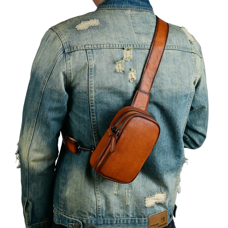 حقيبة صدر كاجوال كلاسيكية من جلد البقر المدبوغ بالخضراوات متعددة الجيوب للرجال، حقيبة كروس مربعة راقية