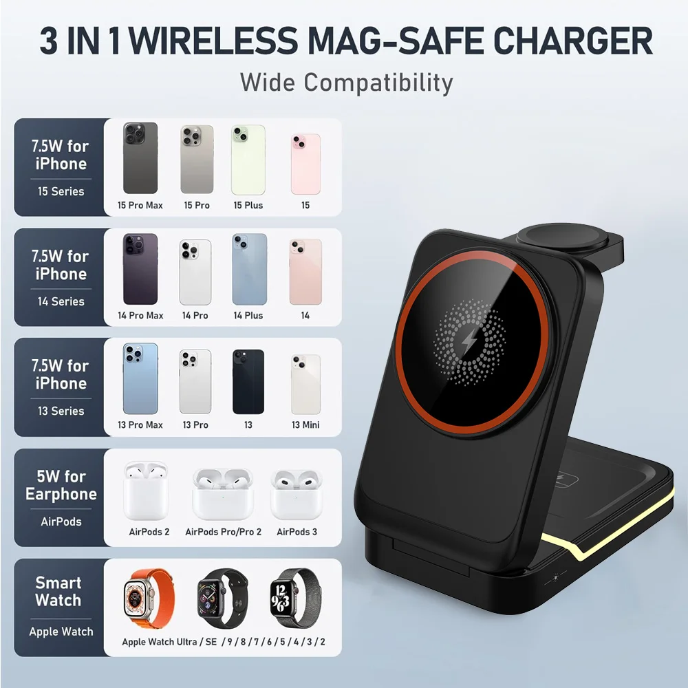 Magnetic Wireless Charger For iPhone 16 15 14 13 12 Pro Max/Mini/Plus/ iWatch/Airpods Foldable Wireless Charging Station 3 IN 1