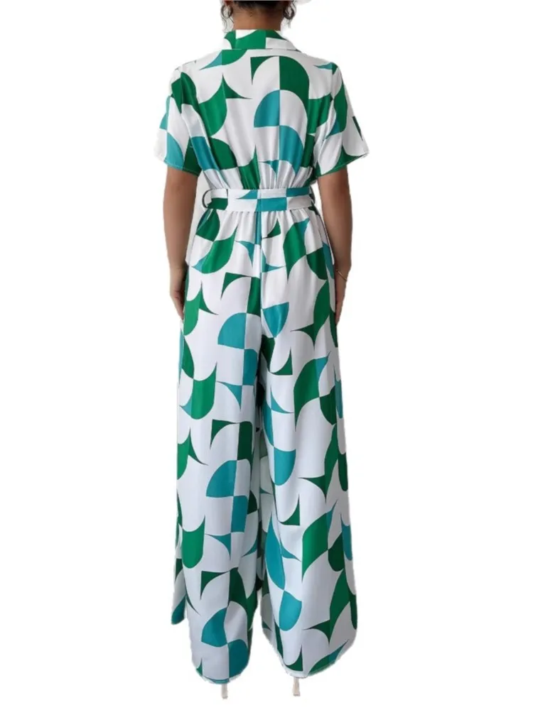 جمبسوت نسائي أنيق موضة طباعة كم قصير بنطال ذو قصة أرجل واسعة وزرة عالية الخصر بأربطة بذلة مكتب مقسمة