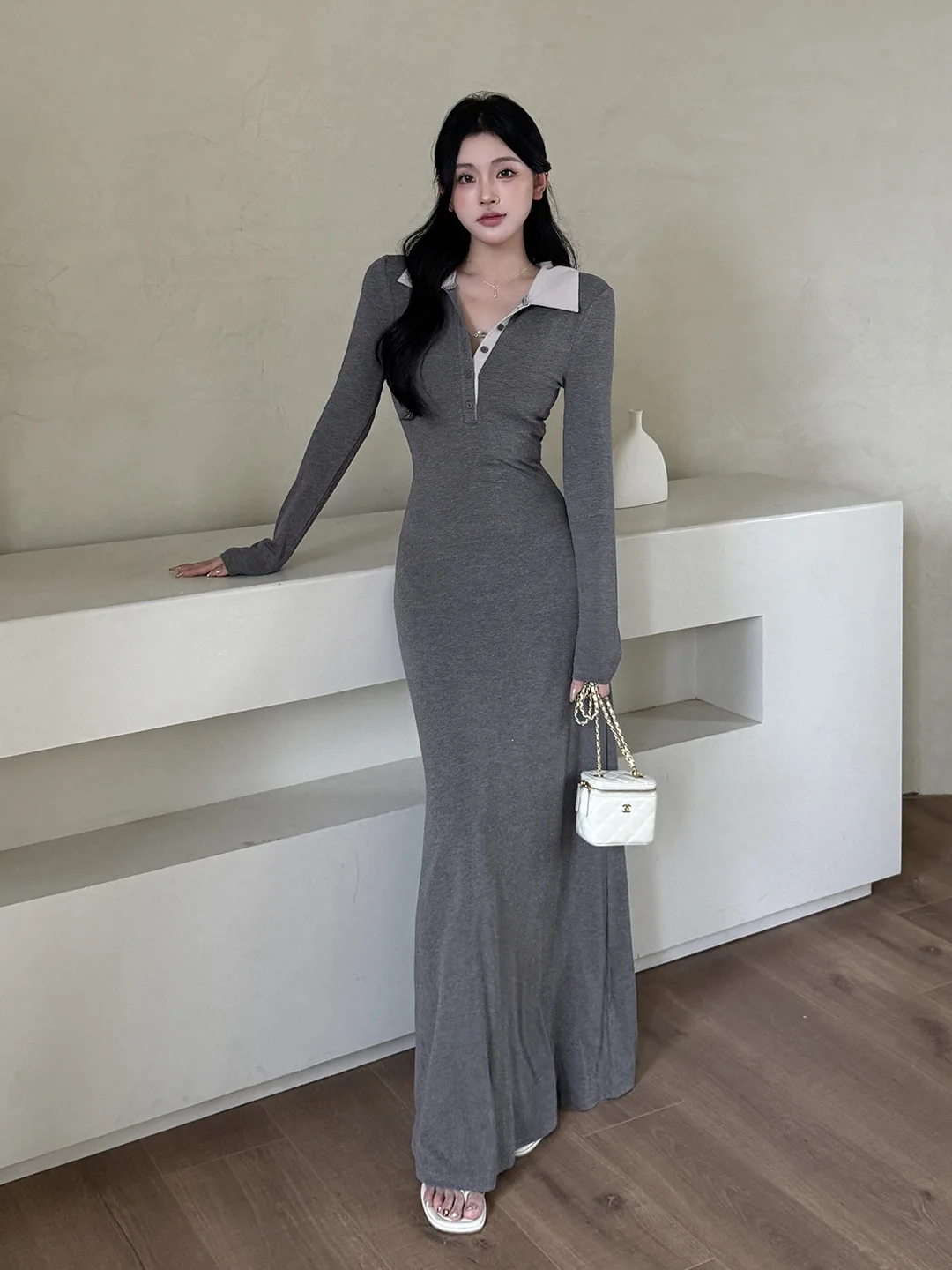 Women's Autumn Casual Long-sleeve T-shirt Midi Dress Gray Fake Two-piece Polo-collar Long-dreses Korean Simple Trendy Apparel