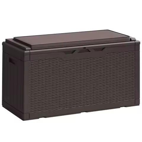 100 Gallon Resin Deck Box Large Outdoor Storage Boxes with Cushions for Garden Tools, Patio Furniture Pillows, Pool Supplies, D