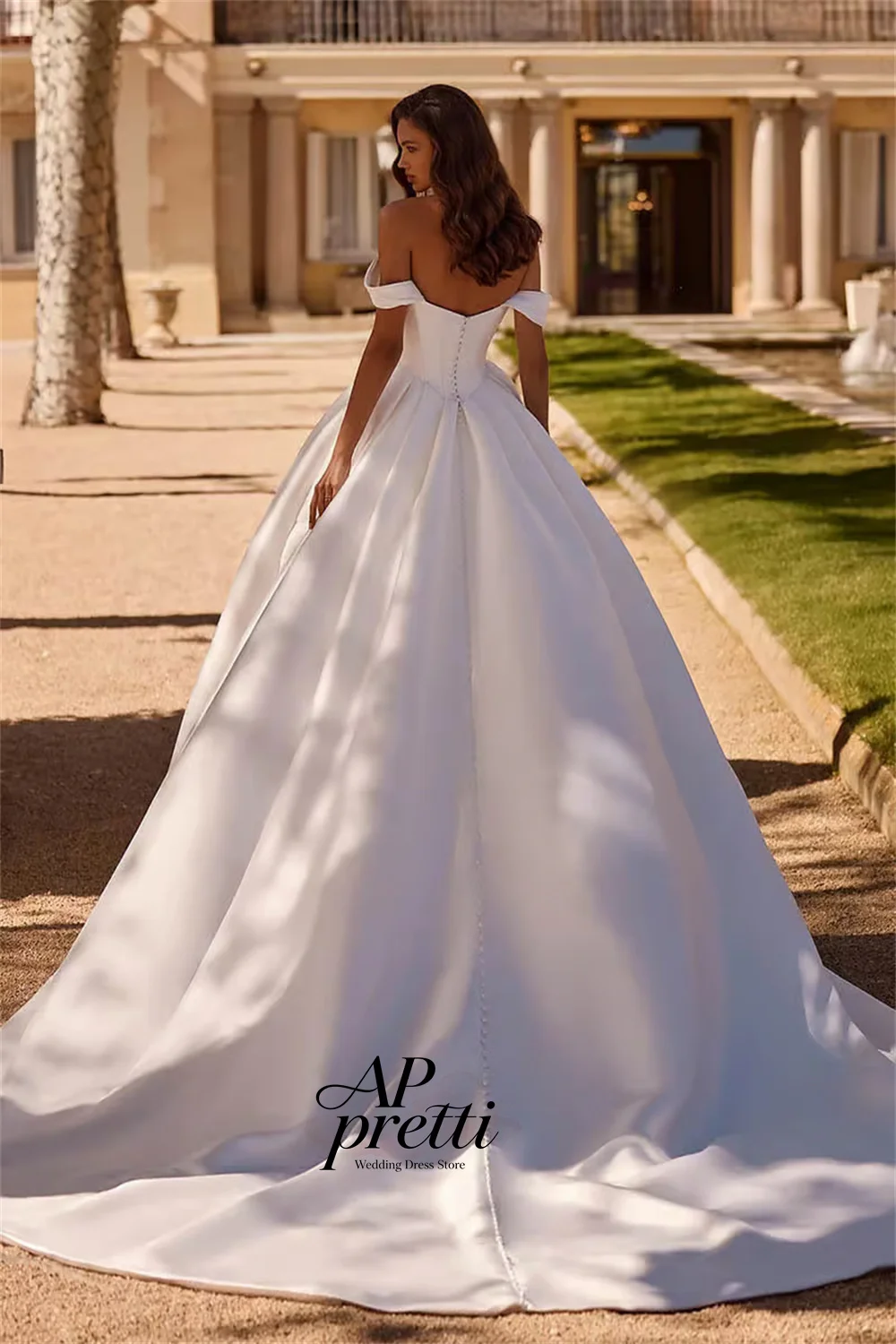 AP pretti Elegant A-line Satin Bridal Gown Off the Shoulder Detachable Train Back Tie Wedding Dresses Customized Outdoor Bridal