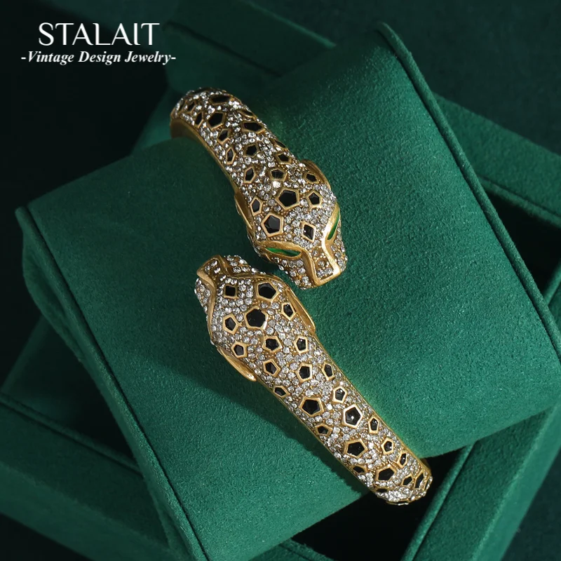 

Luxury Vintage 18K Gold Plated Leopard Head Crystal Open Bangle Adjustable Design Women's Fashion Jewelry Gift