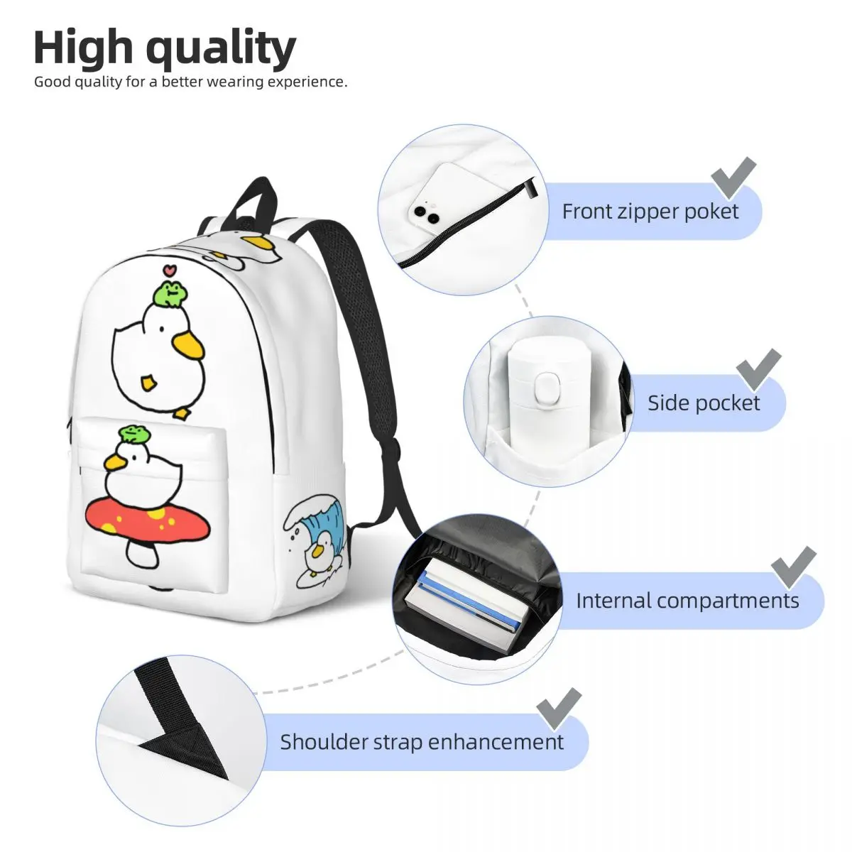 Kawaii Surfing Duck Backpack for School Student Schoolbag Cute Frog Cartoon Book Bags Girl Women Casual Daypack Outdoor