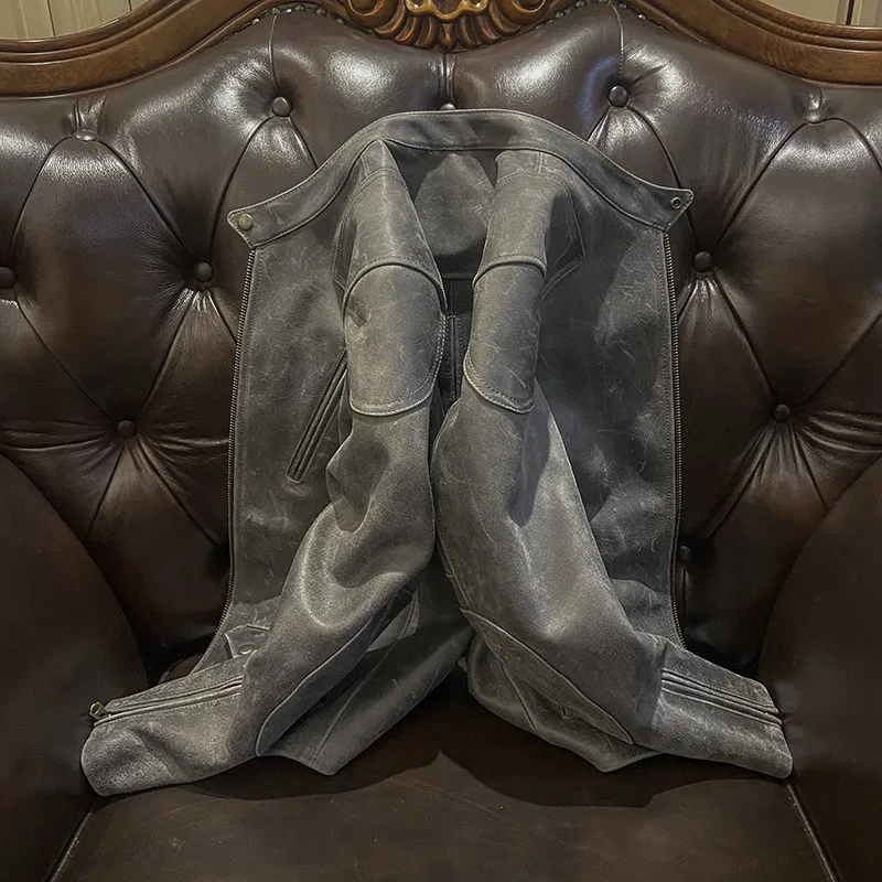 Men's stand-up collar multi-pocket leather vintage craftsmanship pure cowhide