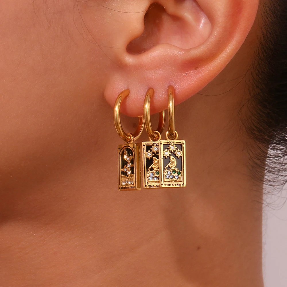 E.B.belle Tarot Card Series Hoop Earrings Women Stainless Steel 18K Gold Plated Colorful Fashion Jewelry Hypoallergenic