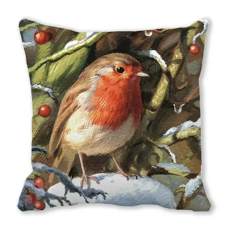 Christmas decoration cushion cover 45x45cm Robin print pillowcase Winter birds Christmas winter hug pillowcase Home decorations