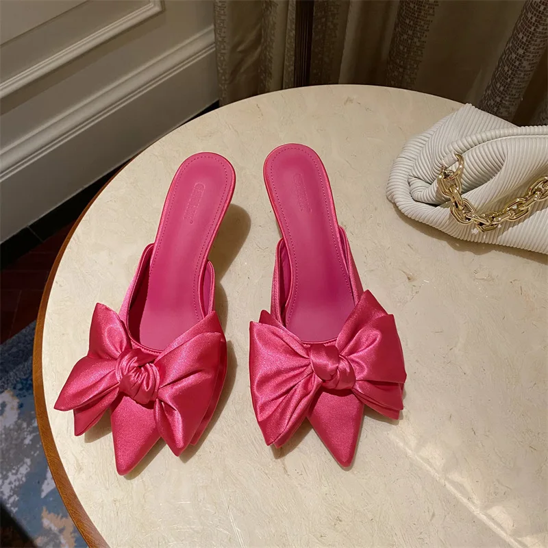 2022 Spring Fashion Solid Sweet Butterfly-Knot Decoration Pointed Toe Mid Heel Women Mules Sandals Slip-On Party Slipper