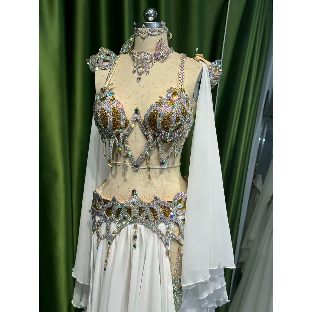 BellyDance Suit Embroidery Diamond Bra Split Fishtail Skirt Performance Set Custom Adult Child Competition Clothing Accessories