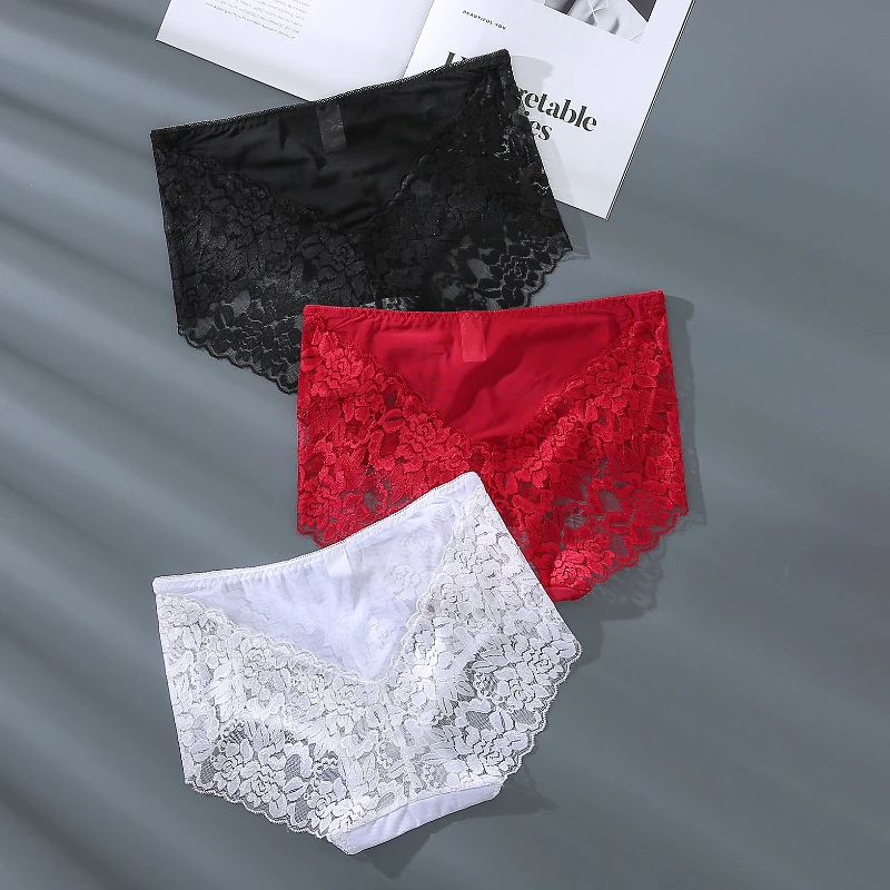 5pcs high waisted solid color women's underwear sexy lace polyamide natural dyeing safe independent packaging comfortable breath